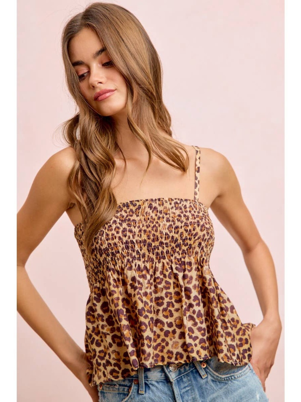 BiBi Leopard Smocked Cami Tank Top - Brown